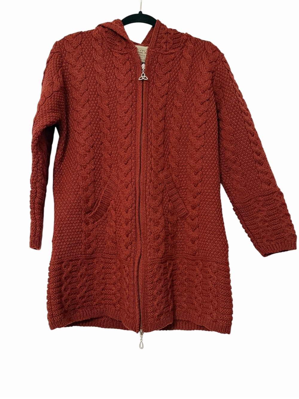 Aran Merino Wool Cable Knit Hooded Zip Cardigan – Rust Red, Size Medium